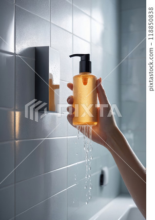 Woman holding a leaking cosmetic bottle in a bathroom Woman holding a leaking cosmetic bottle in a bathroom 118850838