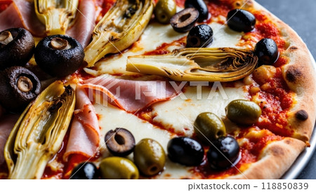 Delicious pizza with artichoke and mushrooms showing copy space for advertising banner 118850839