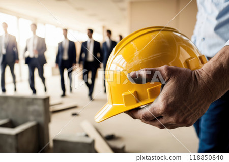 Construction worker holding helmet with business people visiting construction site 118850840