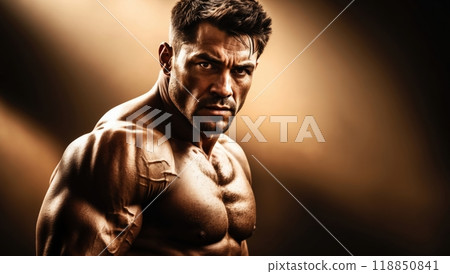Muscular man posing showing strength for fitness advertising banner 118850841