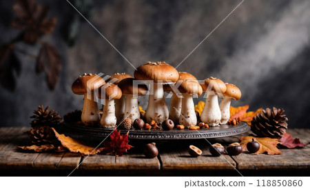Autumn still life with mushrooms standing on rustic wooden table 118850860