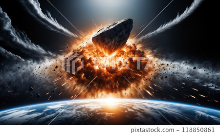 Giant asteroid entering atmosphere of planet earth creating big explosion 118850861