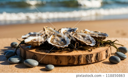 Fresh oysters with seaweed are arranged on a wooden platter on the beach, creating a simple and elegant seafood presentation 118850863