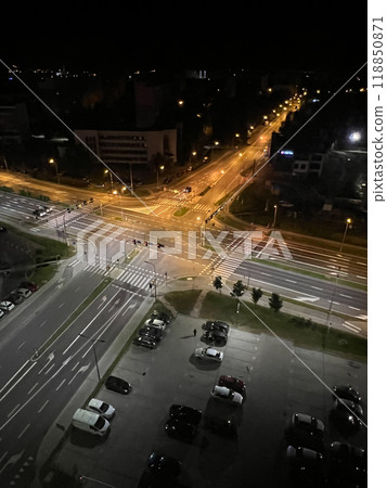 Aerial view of the road in the city at night time. 118850871