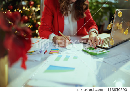 Business owner woman in green office with Christmas tree working Business owner woman in green office with Christmas tree working 118850890