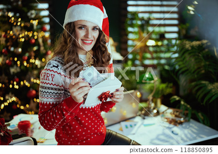 smiling stylish in modern green office with Christmas tree 118850895