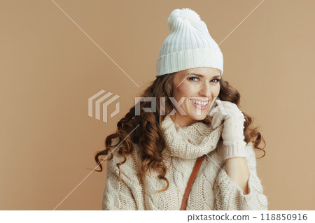 smiling stylish 40 years old woman isolated on beige background 118850916