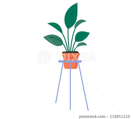 Potted plant with long green leaves in a terracotta pot resting on a blue stand. Ideal for nature, home decor, minimalism, office spaces, and relaxation. Modern aesthetic, simple style 118851210