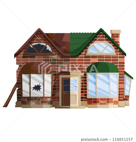 Renovation concept. Shows a house split into two halves the left side is old and damaged with cracks and broken windows, and the right side is modernized and repaired. Ideal for home improvement Renovation concept. Shows a house split into two halves the left side is old and damaged with cracks and broken windows, and the right side is modernized and repaired. Ideal for home improvement 118851257