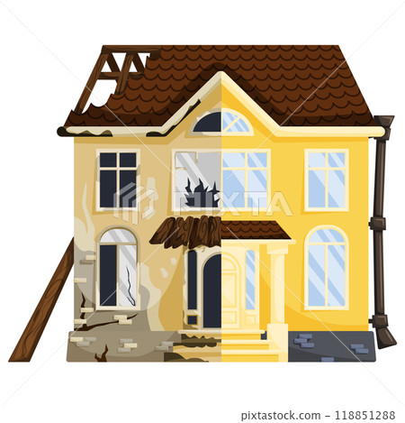 Renovation concept. A two-story house is depicted with one half in a dilapidated state, showing broken windows and peeling paint, while the other half is fully restored with a new roof and fresh 118851288