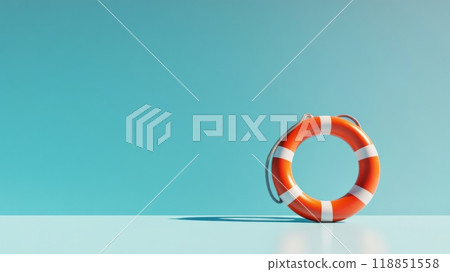 Orange lifebuoy on light turquoise background with shadow, minimalist concept of safety 118851558