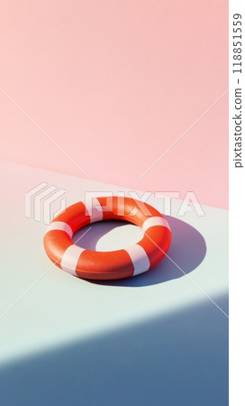 Orange lifebuoy on light turquoise background with shadow, minimalist concept of safety Orange lifebuoy on light turquoise background with shadow, minimalist concept of safety 118851559