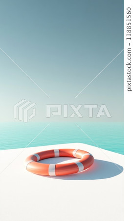 Orange lifebuoy on light turquoise background with shadow, minimalist concept of safety 118851560