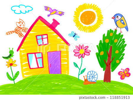 Child drawing of countryside landscape 118851913