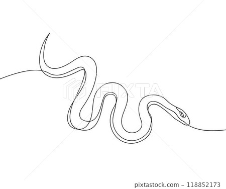 Continuous line drawing of crawling poisonous snake. Minimalist black linear sketch isolated on white background. Hand drawn vector illustration. 118852173
