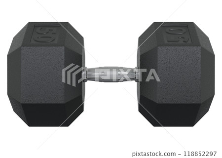 Hex Dumbbell with numbers 50, weightlifting gym equipment side view 118852297