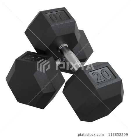 Two Hex Dumbbells with number 20, weightlifting gym equipment 118852299