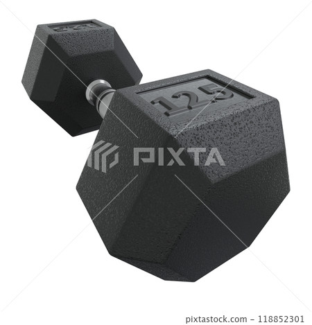 Hex Dumbbell with numbers 12.5, weightlifting gym equipment wide angle view Hex Dumbbell with numbers 12.5, weightlifting gym equipment wide angle view 118852301