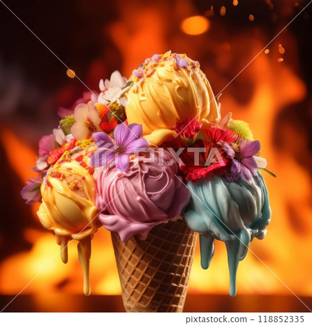 Colorful ice cream cone topped with flowers sits against a vibrant fire background showcasing a playful dessert presentation. Generative AI 118852335