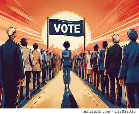 People stand united under a large banner encouraging voting as the sun sets, symbolizing civic engagement and democracy. Generative AI People stand united under a large banner encouraging voting as the sun sets, symbolizing civic engagement and democracy. Generative AI 118852336
