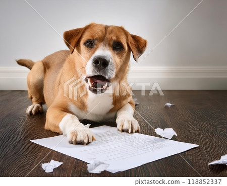 Playful dog causing mischief by shredding paperwork on wooden floor indoors. Generative AI 118852337