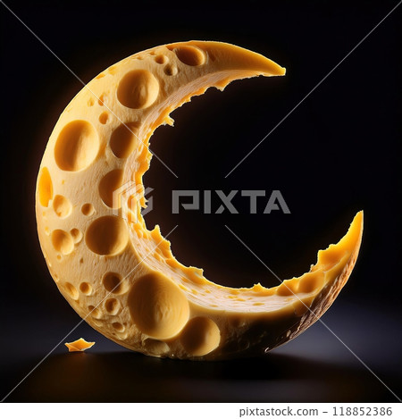 A crescent moon sculpture made of cheese illuminated against a dark backdrop showcasing its unique texture and color at night. Generative AI 118852386