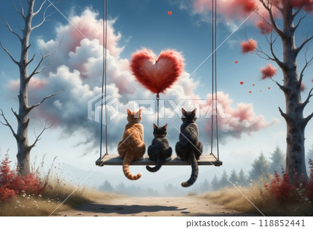 cats in love on a swing among the clouds in the sky looking at a heart from a cloud 118852441
