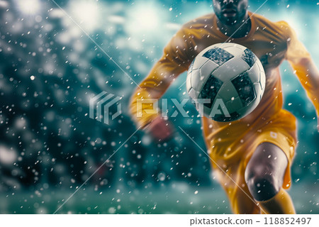 A football player dribbles the ball during a championship game, moments of the game, concept space 118852497