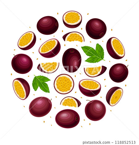 Passion Fruit Round Composition Design with Exotic Berry Vector Template 118852513