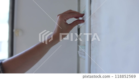 Woman turns off the light on the electrical panel. Circuit breaker panel at home. Woman turns off the light on the electrical panel. Circuit breaker panel at home. 118852569
