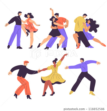 Partner Dance with Man and Woman Character Moving Body to Music Vector Set 118852586
