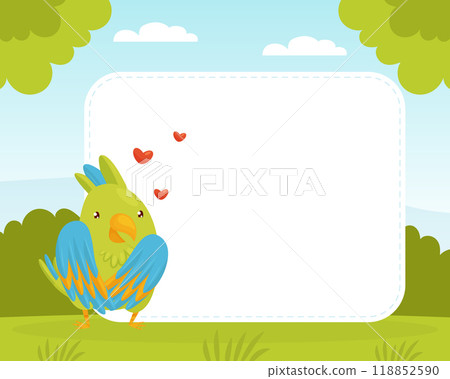 Empty Banner with Green Parrot Funny Bird Vector Template Empty Banner with Green Parrot Funny Bird Vector Template 118852590
