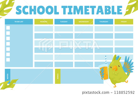 Empty School Timetable with Green Parrot Funny Bird Vector Template Empty School Timetable with Green Parrot Funny Bird Vector Template 118852592