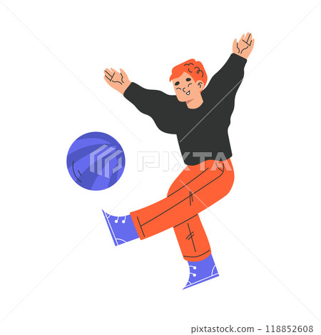 Funny Boy Character Kicking Ball with Foot Playing Vector Illustration Funny Boy Character Kicking Ball with Foot Playing Vector Illustration 118852608