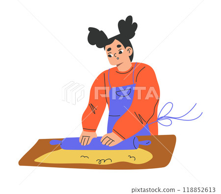 Girl Daughter Baking Rolling Dough with Pin Vector Illustration Girl Daughter Baking Rolling Dough with Pin Vector Illustration 118852613