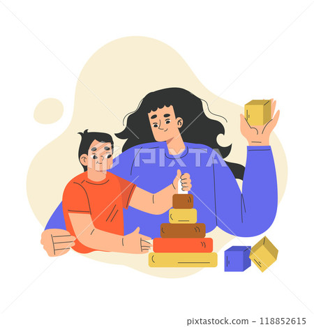 Mom with Son Play Toy Block Enjoy Recreation Activity Together Vector Illustration Mom with Son Play Toy Block Enjoy Recreation Activity Together Vector Illustration 118852615