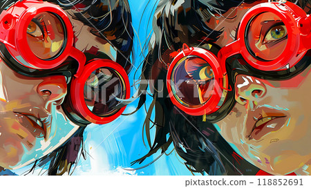 Expressive anime portrait of two teenage girls wearing red glasses looking at camera, close-up, Children's Day poster 118852691