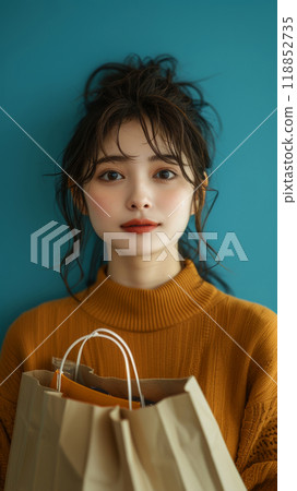 Vertical poster with a beautiful girl with a shopping bag on a blue background, concept for advertising Black Friday and seasonal sales 118852735