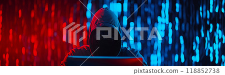 Idea for a web banner with a hacker on a blue-red neon background, the danger of stealing customer data and cards on the Internet, the importance of protecting user databases 118852738
