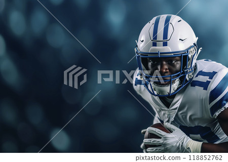 Poster of a Running Back during a game, space for a concept about American football and a super cup advertisement Poster of a Running Back during a game, space for a concept about American football and a super cup advertisement 118852762
