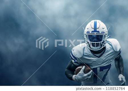 Poster with a football player running across the field with a ball in his hands, university team competition Poster with a football player running across the field with a ball in his hands, university team competition 118852764