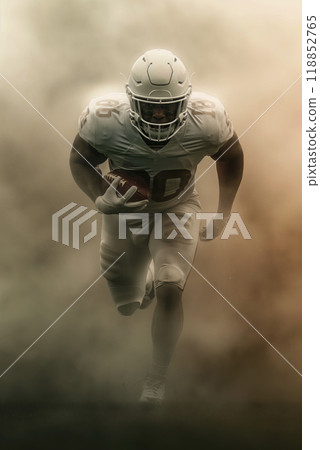 Vertical portrait of a football player running across the field with the ball through the smoke, vertical poster for the championship 118852765