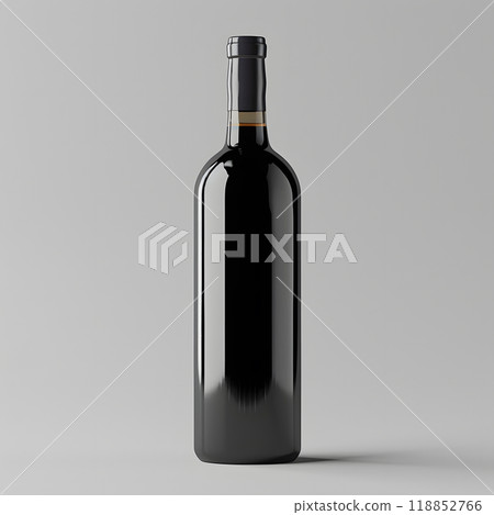 A black glass bottle of wine on a gray table surface 118852766