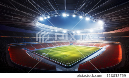 Panoramic view of the stadium in the light of the spotlights, the final preparations for rugby or football competitions. 118852769