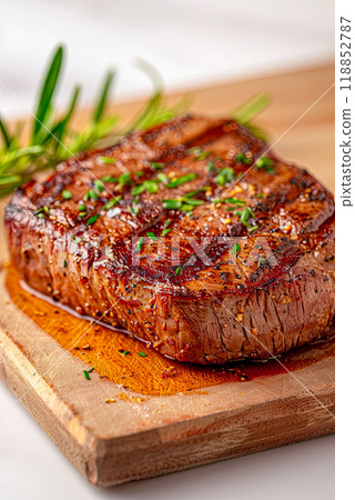 Juicy cooked grain fed beef steak, beef ribeye on a wooden board Juicy cooked grain fed beef steak, beef ribeye on a wooden board 118852787