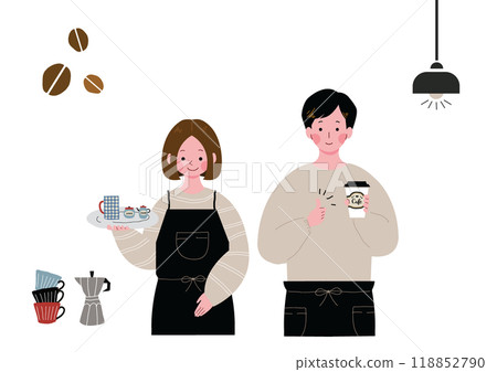 Male and female baristas working in a cafe 118852790