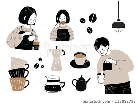 Male and female baristas making coffee at a cafe Male and female baristas making coffee at a cafe 118852792