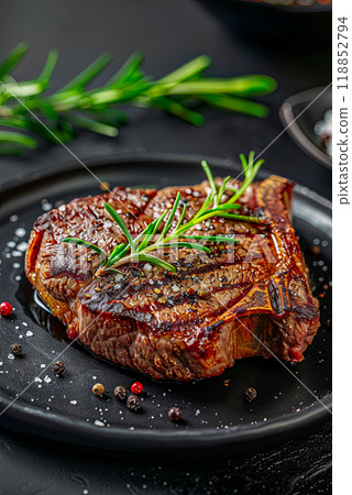 close-up of grilled ribeye steak with bone, concept for advertising a cafe or butcher shop close-up of grilled ribeye steak with bone, concept for advertising a cafe or butcher shop 118852794