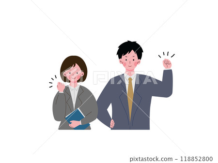 Male and female office workers in suits making a fist pump 118852800