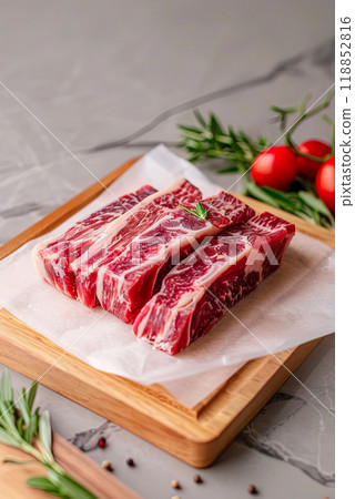 Pieces of fresh brisket with spices and herbs lie on parchment paper, vertical poster with a recipe for cooking meat 118852816